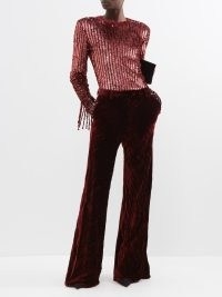 ETRO Artemisia crushed-velvet flared trousers in red ~ women’s luxe flares ~ womens luxury designer evening clothes
