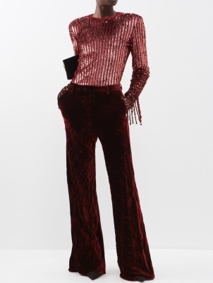 ETRO Artemisia crushed-velvet flared trousers in red ~ women’s luxe flares ~ womens luxury designer evening clothes - flipped
