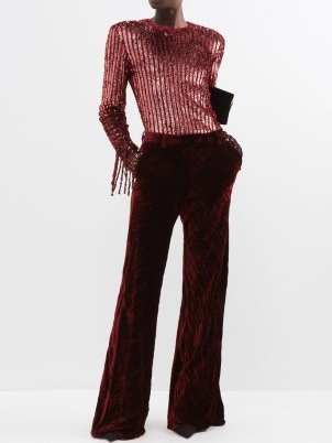 ETRO Artemisia crushed-velvet flared trousers in red ~ women’s luxe flares ~ womens luxury designer evening clothes