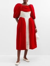 SIMONE ROCHA Puff-sleeved organza-insert cotton-velvet dress in red ~ voluminous puffed sleeve dresses ~ romance inspired fashion ~ balloon sleeves ~ matchesfashion ~ women’s designer clothes with volume