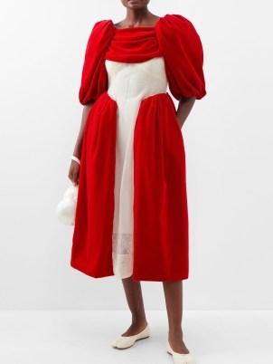 SIMONE ROCHA Puff-sleeved organza-insert cotton-velvet dress in red ~ voluminous puffed sleeve dresses ~ romance inspired fashion ~ balloon sleeves ~ matchesfashion ~ women’s designer clothes with volume - flipped