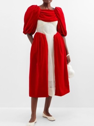 SIMONE ROCHA Puff-sleeved organza-insert cotton-velvet dress in red ~ voluminous puffed sleeve dresses ~ romance inspired fashion ~ balloon sleeves ~ matchesfashion ~ women’s designer clothes with volume