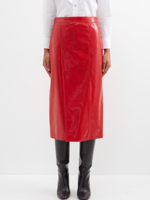 GUCCI Side-slit snake-embossed leather pencil skirt in red ~ reptile effect skirts ~ women’s designer clothing ~ matchesfashion - flipped