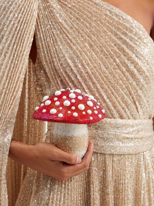 JUDITH LEIBER X Katy Perry Mushroom crystal-embellished clutch in red / sparkling occasion bags / luxury evening event accessories / faux pearls and crystals / matchesfashion - flipped