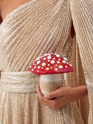 JUDITH LEIBER X Katy Perry Mushroom crystal-embellished clutch in red / sparkling occasion bags / luxury evening event accessories / faux pearls and crystals / matchesfashion