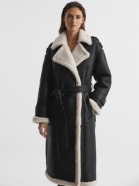 REISS ALINA SHEARLING TRENCH COAT BLACK ~ luxury contrast trim tie waist coats ~ luxe winter outerwear