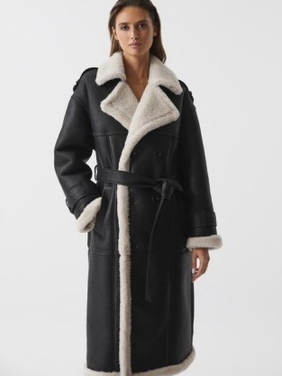 REISS ALINA SHEARLING TRENCH COAT BLACK ~ luxury contrast trim tie waist coats ~ luxe winter outerwear - flipped