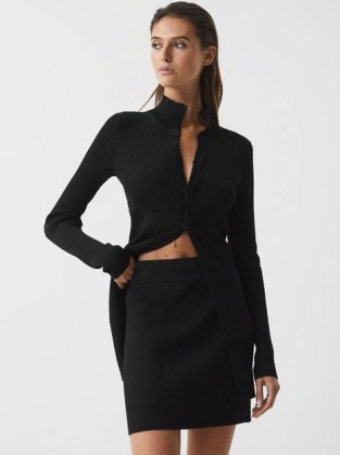 REISS BLAKELY RIBBED BUTTON UP CO ORD CARDIGAN BLACK ~ chic slim longline cardigans ~ fitted rib knit - flipped