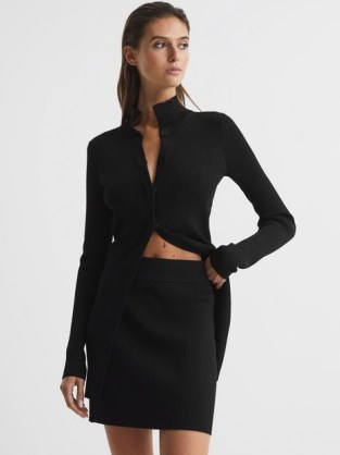 REISS BLAKELY RIBBED BUTTON UP CO ORD CARDIGAN BLACK ~ chic slim longline cardigans ~ fitted rib knit