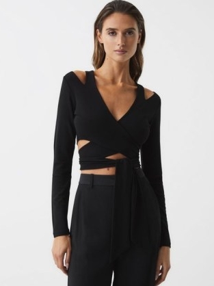 REISS CAMILLE TIE-FRONT CROP TOP BLACK – cropped cut out detail evening tops