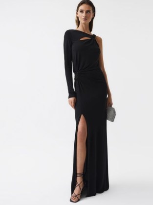 REISS CATALINA CUT OUT HARDWARE DETAIL JERSEY MAXI DRESS BLACK ~ elegant slim fitting one sleeve evening dresses ~ asymmetric occasion clothes ~ chic evening fashion - flipped