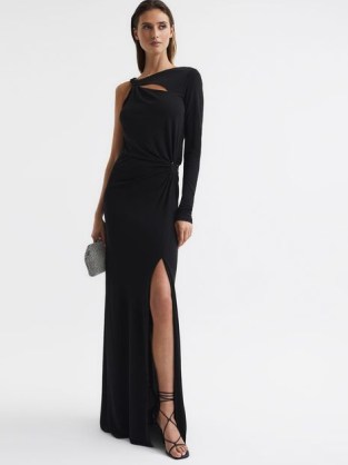 REISS CATALINA CUT OUT HARDWARE DETAIL JERSEY MAXI DRESS BLACK ~ elegant slim fitting one sleeve evening dresses ~ asymmetric occasion clothes ~ chic evening fashion
