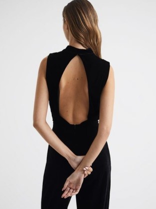 REISS DIANE SLEEVELESS VELVET JUMPSUIT BLACK – chic high neck evening jumpsuits – cut out open back detail – women’s elegant all-in-one party fashion