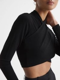 REISS ELENA CROSS FRONT CROP TOP BLACK ~ crossover long sleeve crop tops ~ cropped evening clothes