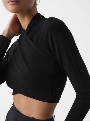 REISS ELENA CROSS FRONT CROP TOP BLACK ~ crossover long sleeve crop tops ~ cropped evening clothes - flipped