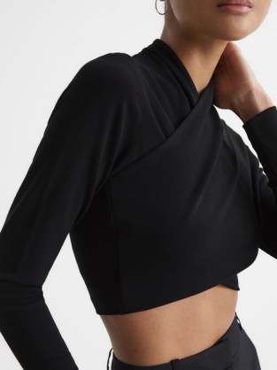 REISS ELENA CROSS FRONT CROP TOP BLACK ~ crossover long sleeve crop tops ~ cropped evening clothes