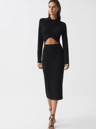 REISS ELLEN CUT-OUT DRESS BLACK ~ contemporary LBD ~ chic cutout evening dresses - flipped