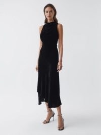 REISS GIANNON VELVET MIDI DRESS BLACK – sleeveless high draped neckline evening dresses – luxe LBD – asymmetric hemline