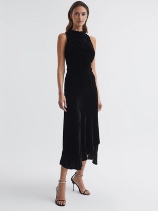 REISS GIANNON VELVET MIDI DRESS BLACK – sleeveless high draped neckline evening dresses – luxe LBD – asymmetric hemline - flipped