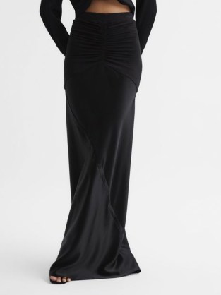 REISS NELLIE SATIN JERSEY BLEND MAXI SKIRT BLACK ~ ruched long length occasion skirts ~ bodycon fit ~ elegant evening fashion