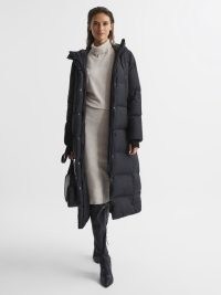 REISS TILDE LONGLINE HOODED PUFFER COAT BLACK – women’s padded long length coats ~ womens winter outerwear