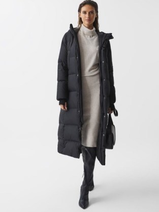 REISS TILDE LONGLINE HOODED PUFFER COAT BLACK – women’s padded long length coats ~ womens winter outerwear - flipped