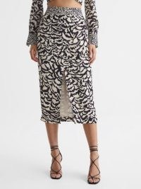 REISS TORI PRINTED PENCIL SKIRT BLACK / WHITE ~ chic abstract zebra print skirts ~ front slit ~ stylish occasion clothes