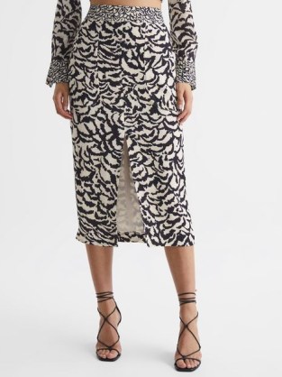 REISS TORI PRINTED PENCIL SKIRT BLACK / WHITE ~ chic abstract zebra print skirts ~ front slit ~ stylish occasion clothes