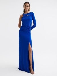 REISS CATALINA CUT OUT HARDWARE DETAIL JERSEY MAXI DRESS in BLUE – one sleeve split hem occasion dresses