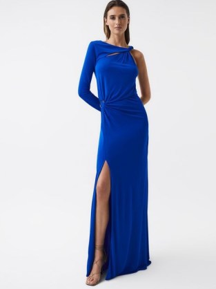 REISS CATALINA CUT OUT HARDWARE DETAIL JERSEY MAXI DRESS in BLUE – one sleeve split hem occasion dresses - flipped