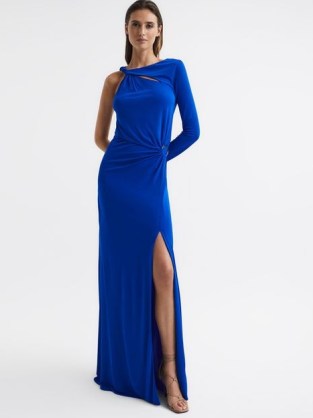 REISS CATALINA CUT OUT HARDWARE DETAIL JERSEY MAXI DRESS in BLUE – one sleeve split hem occasion dresses
