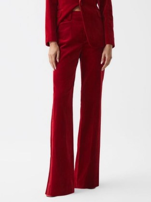 REISS BREE VELVET TROUSERS in RED – women’s luxe evening occasion flares - flipped
