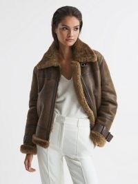 REISS DAIA AVIATOR LEATHER JACKET BROWN ~ women’s luxe classic style winter jackets