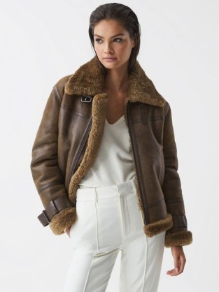 REISS DAIA AVIATOR LEATHER JACKET BROWN ~ women’s luxe classic style winter jackets - flipped