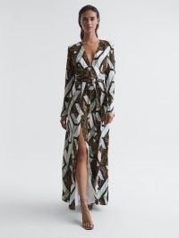 REISS LOREN SNAKE PRINT PLUNGE MAXI DRESS BROWN – plunging animal print evening occasion dresses – women’s sophisticated long length event clothes