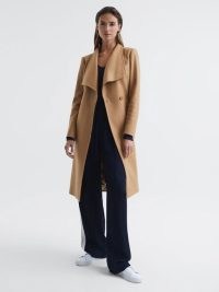 REISS BELLE WRAP COLLAR BELTED COAT CAMEL ~ light brown double breasted coats ~ women’s classic outerwear