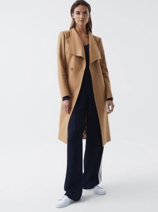 REISS BELLE WRAP COLLAR BELTED COAT CAMEL ~ light brown double breasted coats ~ women’s classic outerwear - flipped