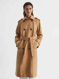 REISS KAIYA WOOL TRENCH COAT CAMEL ~ classic light brown tie waist coats ~ women’s stylish winter outerwear