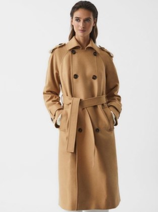 REISS KAIYA WOOL TRENCH COAT CAMEL ~ classic light brown tie waist coats ~ women’s stylish winter outerwear - flipped