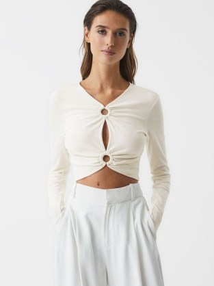 REISS HANNAH RING FRONT CROP TOP CREAM ~ chic cropped cut out evening tops - flipped