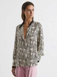 REISS JESS SWIRL PRINT SHIRT BLOUSE CREAM/BLACK ~ chic printed grandad collar blouses