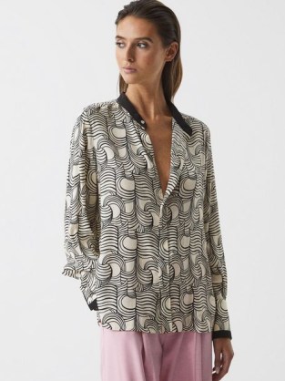 REISS JESS SWIRL PRINT SHIRT BLOUSE CREAM/BLACK ~ chic printed grandad collar blouses - flipped