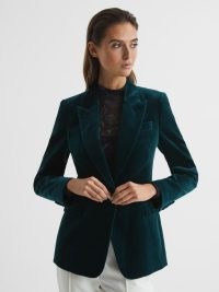 REISS TEYA VELVET BLAZER TEAL ~ women’s luxe blue / green blazers