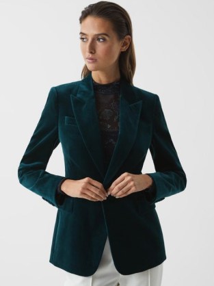 REISS TEYA VELVET BLAZER TEAL ~ women’s luxe blue / green blazers - flipped