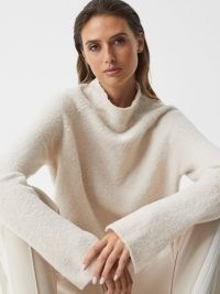 REISS SANDRINE FUNNEL NECK BOUCLE TUNIC OATMEAL ~ slouchy luxe style high neck jumpers ~ chic neutral knits ~ relaxed fit split cuff jumpers