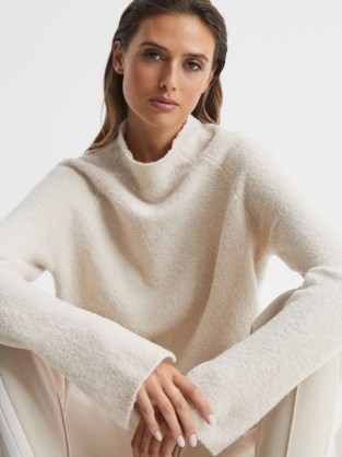 REISS SANDRINE FUNNEL NECK BOUCLE TUNIC OATMEAL ~ slouchy luxe style high neck jumpers ~ chic neutral knits ~ relaxed fit split cuff jumpers - flipped