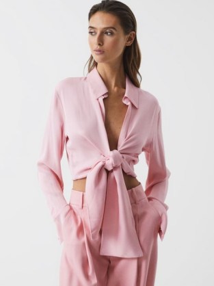 REISS GABBY TIE-FRONT SHIRT PINK ~ women’s luxe satin shirts - flipped