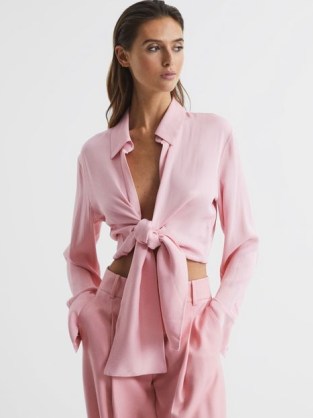REISS GABBY TIE-FRONT SHIRT PINK ~ women’s luxe satin shirts