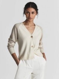REISS POLLY COLOURBLOCK CARDIGAN NEUTRAL / WHITE ~ women’s V-neck button up tonal cardigans ~ womens chic cashmere blend knits