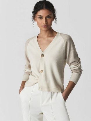 REISS POLLY COLOURBLOCK CARDIGAN NEUTRAL / WHITE ~ women’s V-neck button up tonal cardigans ~ womens chic cashmere blend knits - flipped